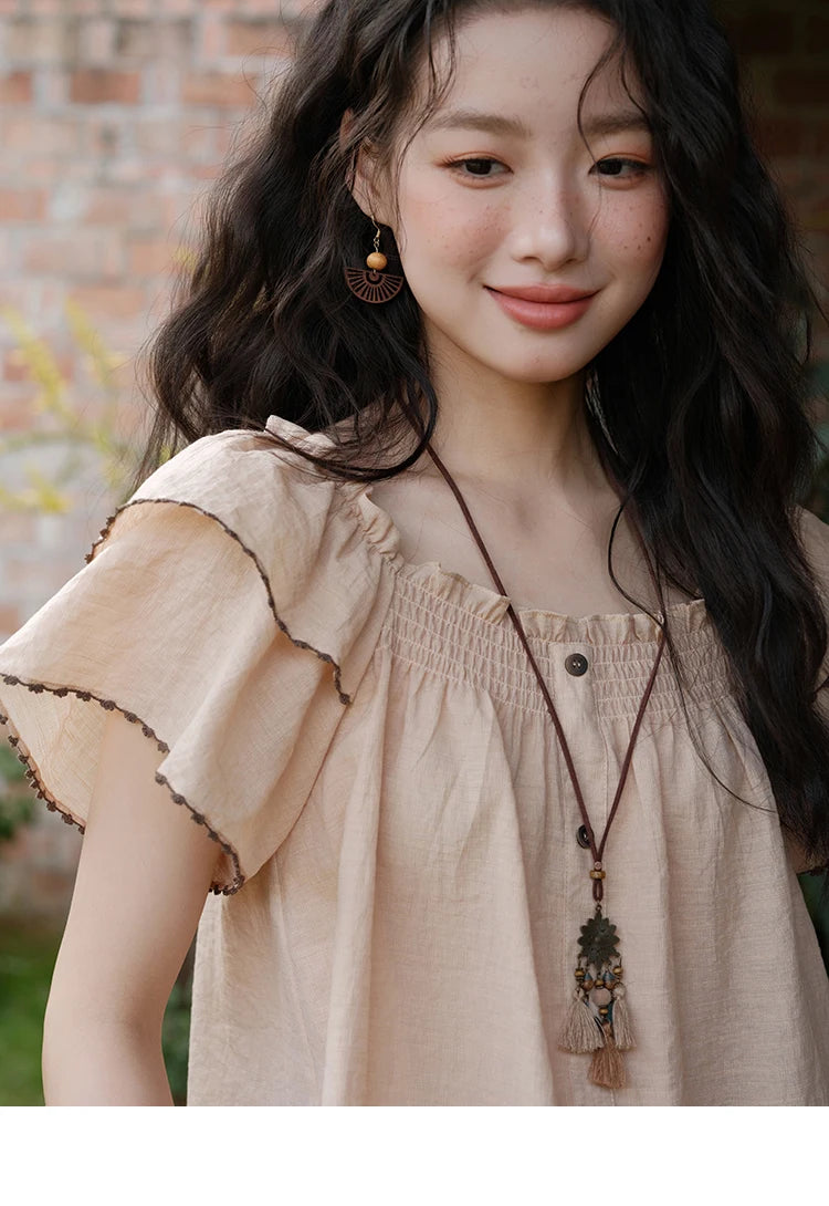 MISHOW Butterfly Sleeve Blouse Square Neck Button Loose MXE37X1854