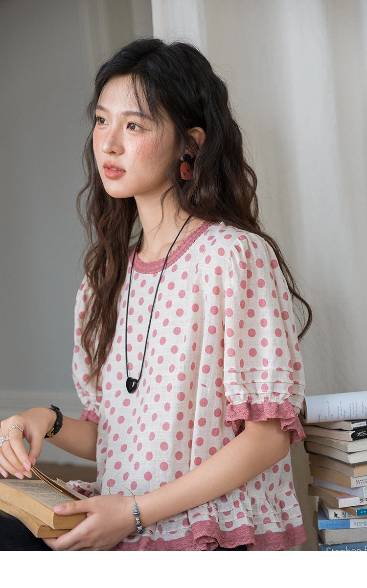 MISHOW Pink Polka Dot Puff Sleeve Blouse MXE37X1900
