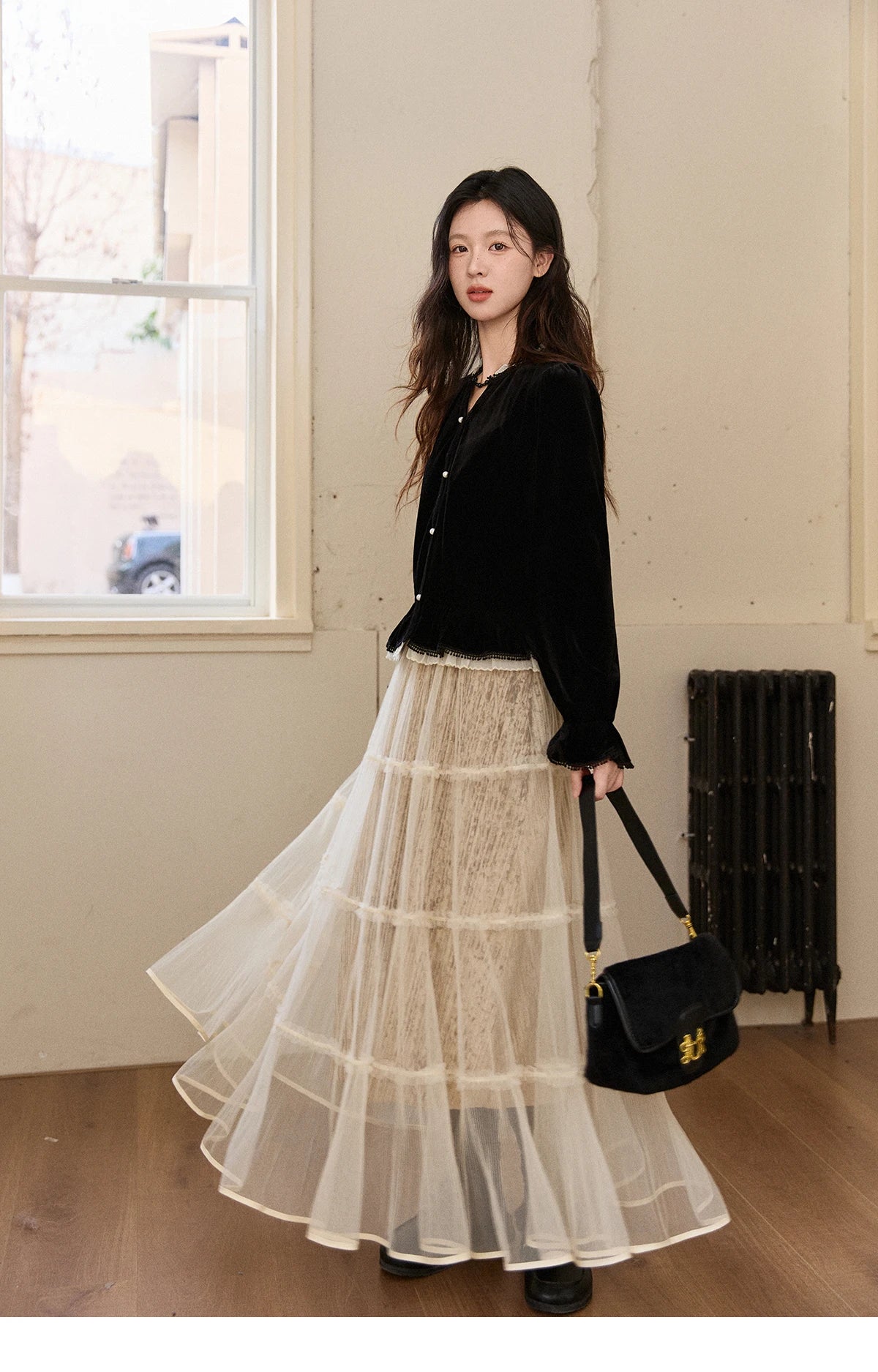 Mishow Black Velvet Lace Pearl Button Puff Sleeve Shirt MXE94X2516