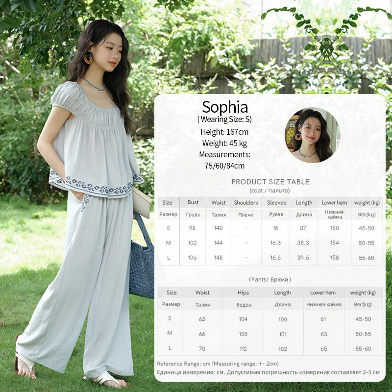 Mishow Embroidery Flower Round Neck Blouse & Pocket Wide Leg Pants Set MXE39T0669