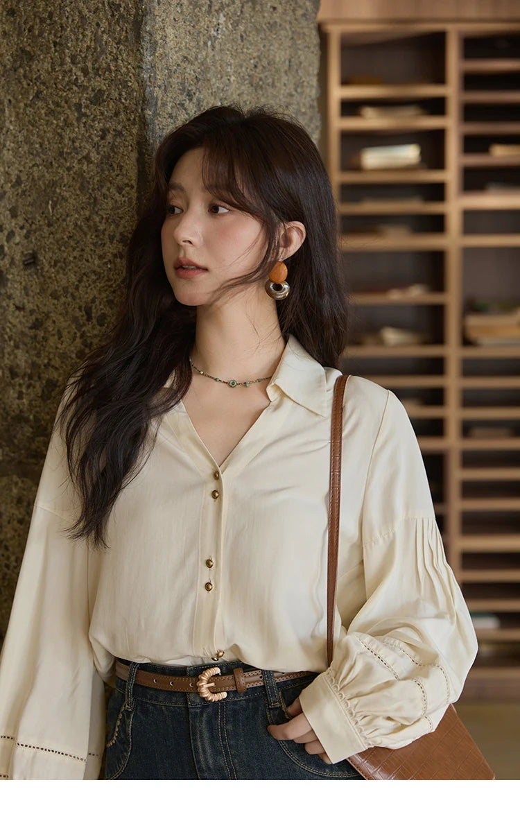 MISHOW Women's Lantern Sleeve Hollow Out Shirt Lapel Solid Top MXE41C2359