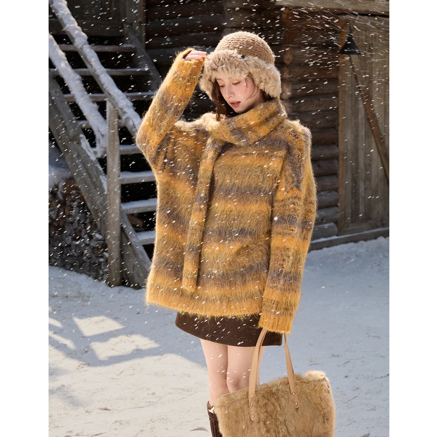 Mishow Yellow Gradient Striped Sweater with Scarf MXE91Z2842
