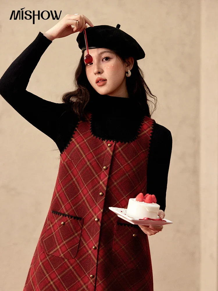 Mishow Plaid Square Neck Woolen Vest Dress MXD58L2078