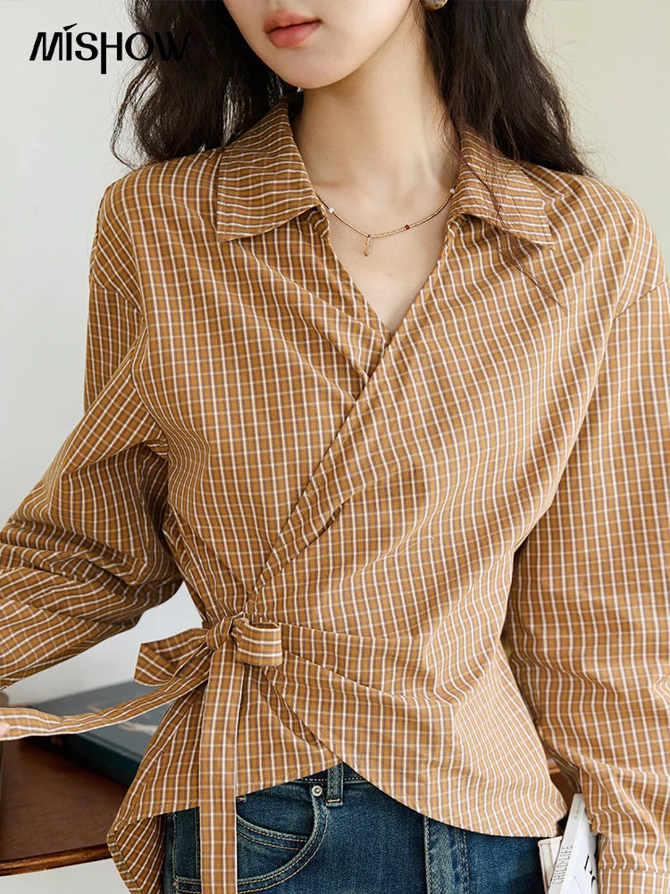 MISHOW Dark Orange Plaid Shirt Side Waist Lace-Up MXE46X2494