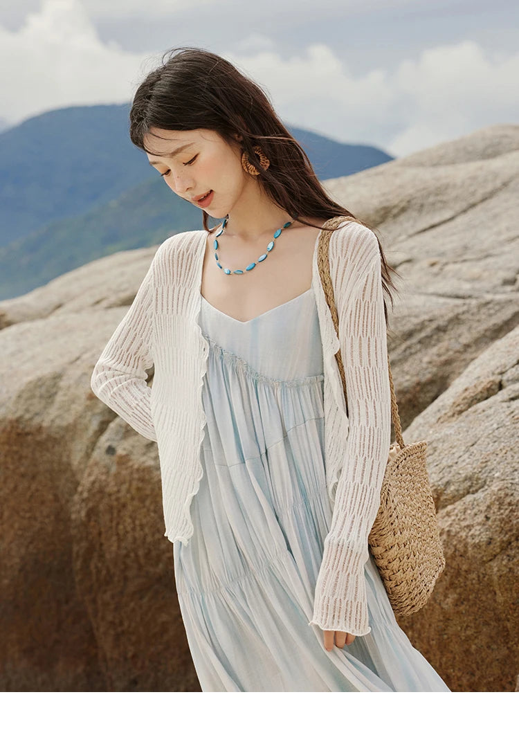 Mishow White V-Neck Slim Knit Summer Cardigan MXE16Z1193