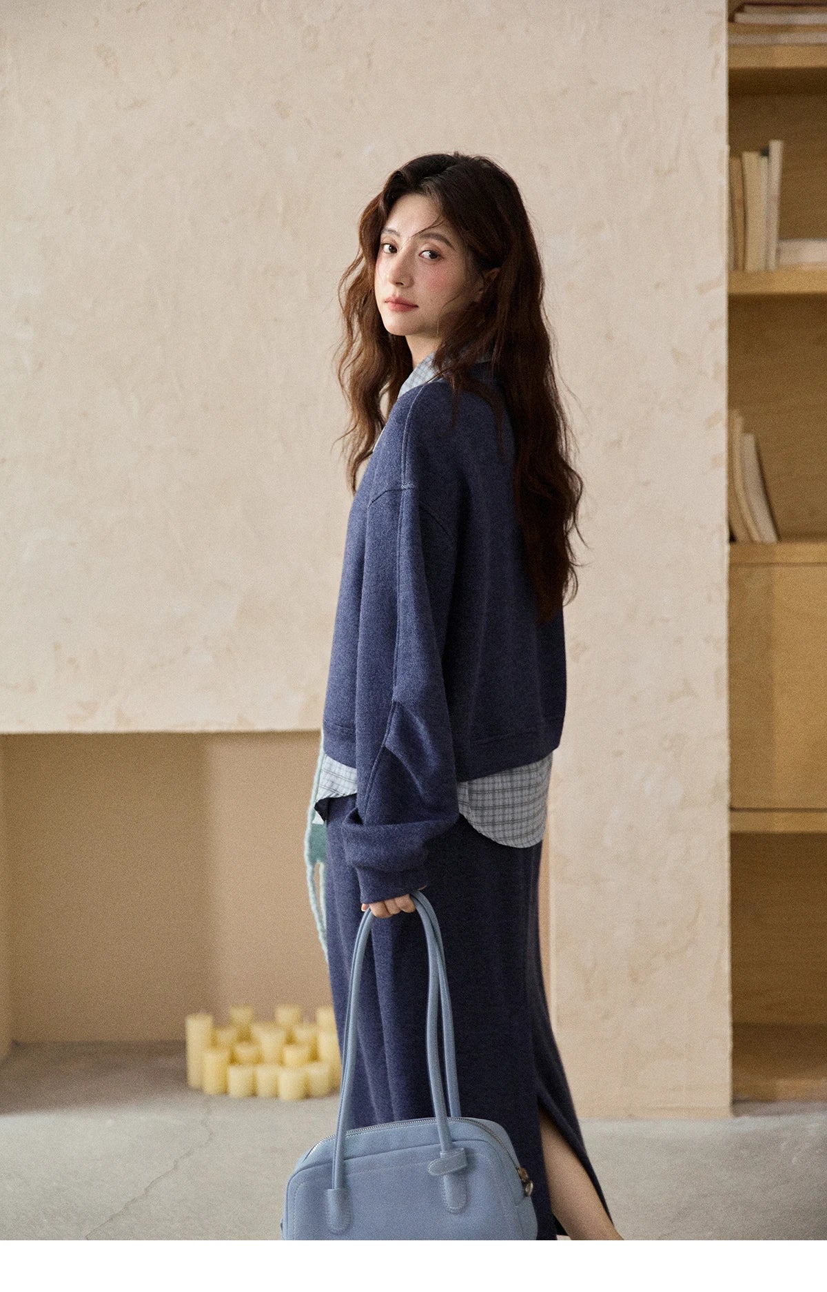 Mishow Blue Plaid Knit Top & Straight Skirt Set MXE87T1445