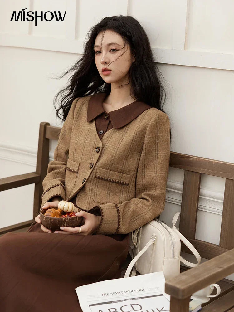 Mishow Plaid Tweed Jacket & Pleated Midi Skirt Set MXD46W0460
