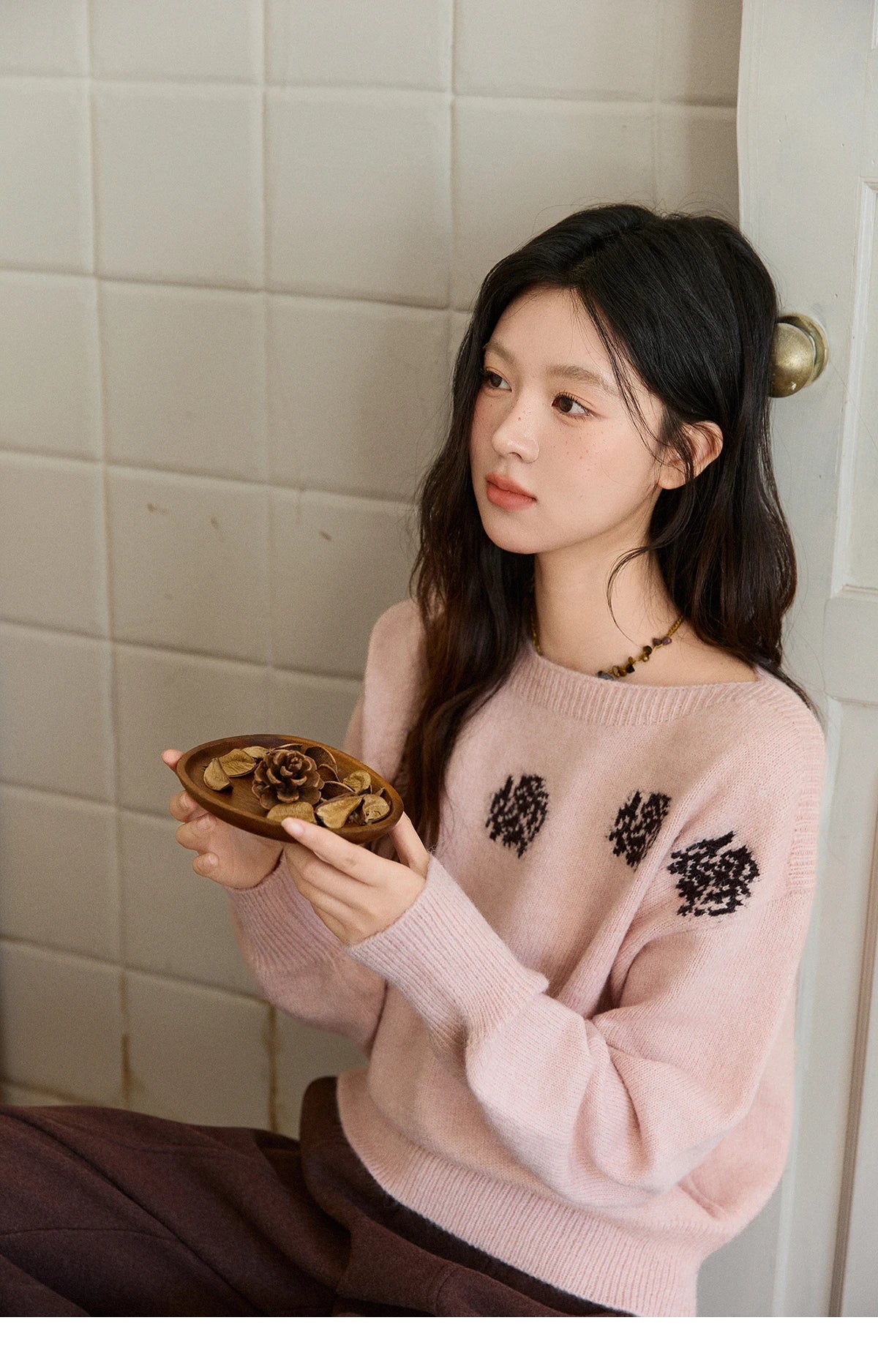 Mishow Pink Jacquard Lantern Sleeve Drop Shoulder Sweater MXE91Z2775