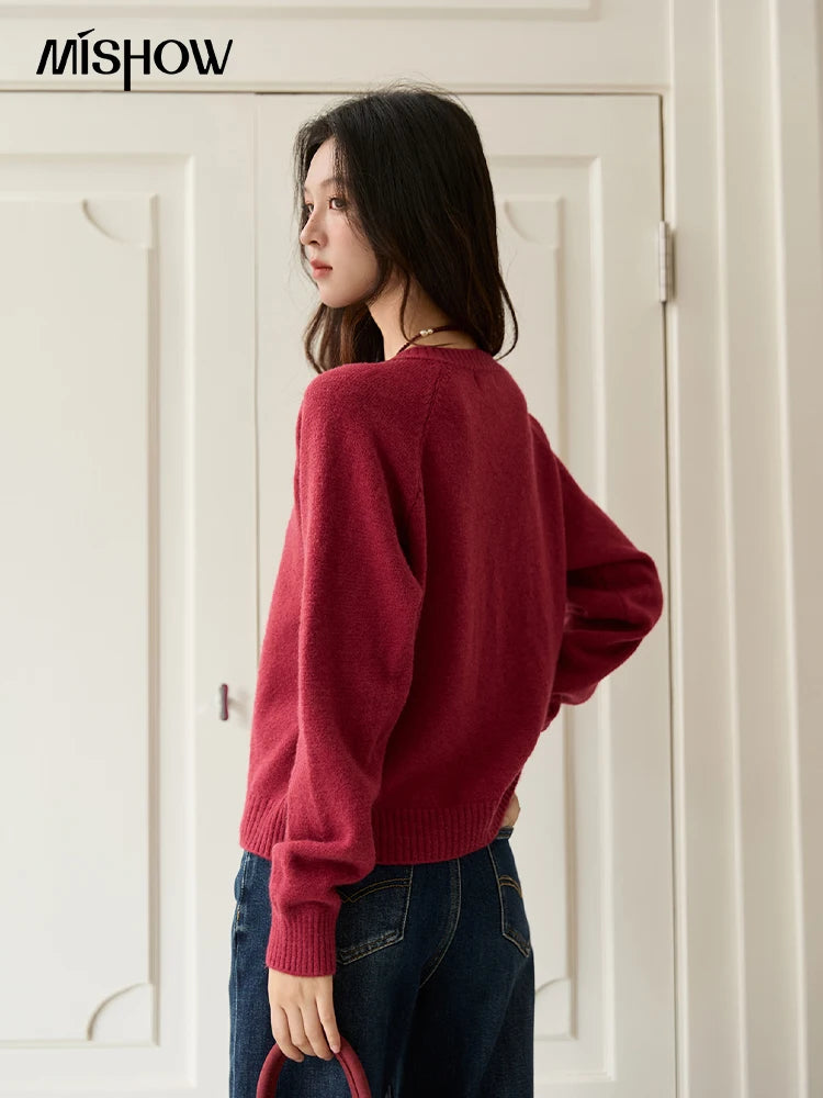 Mishow Red Round Neck Embroidered Cardigan MXE47Z2621