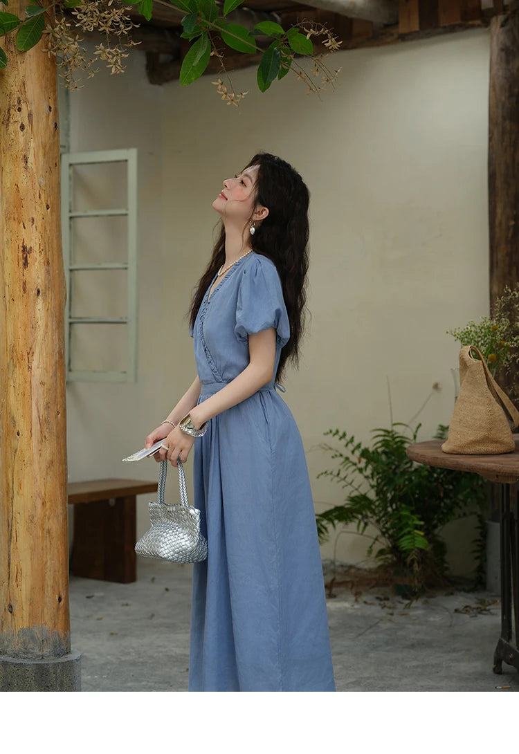 Mishow V-Neck Puff Sleeve Pocket Sash Dress MXE39L2381