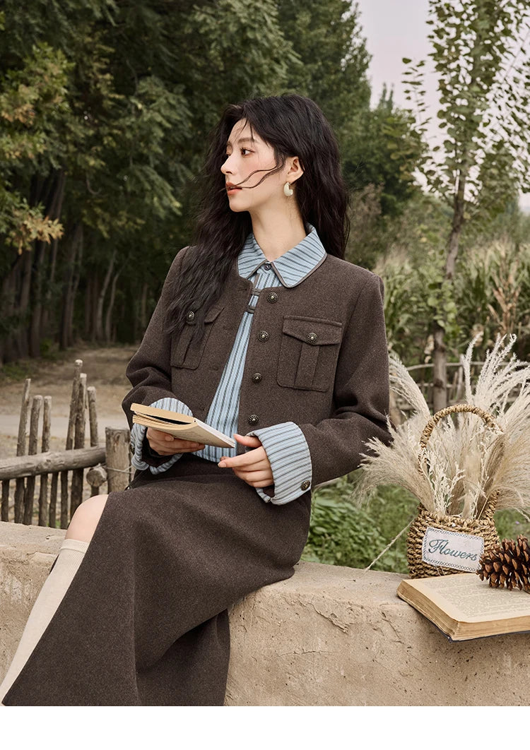 Mishow Plaid Tweed O-Neck Jacket & Front Slit Long Skirt Set MXD43W0445