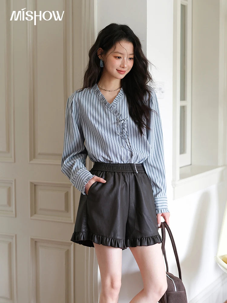 MISHOW Blue Striped Velvet Shirt V-Neck Asymmetrical Lace-Up MXE42X2472