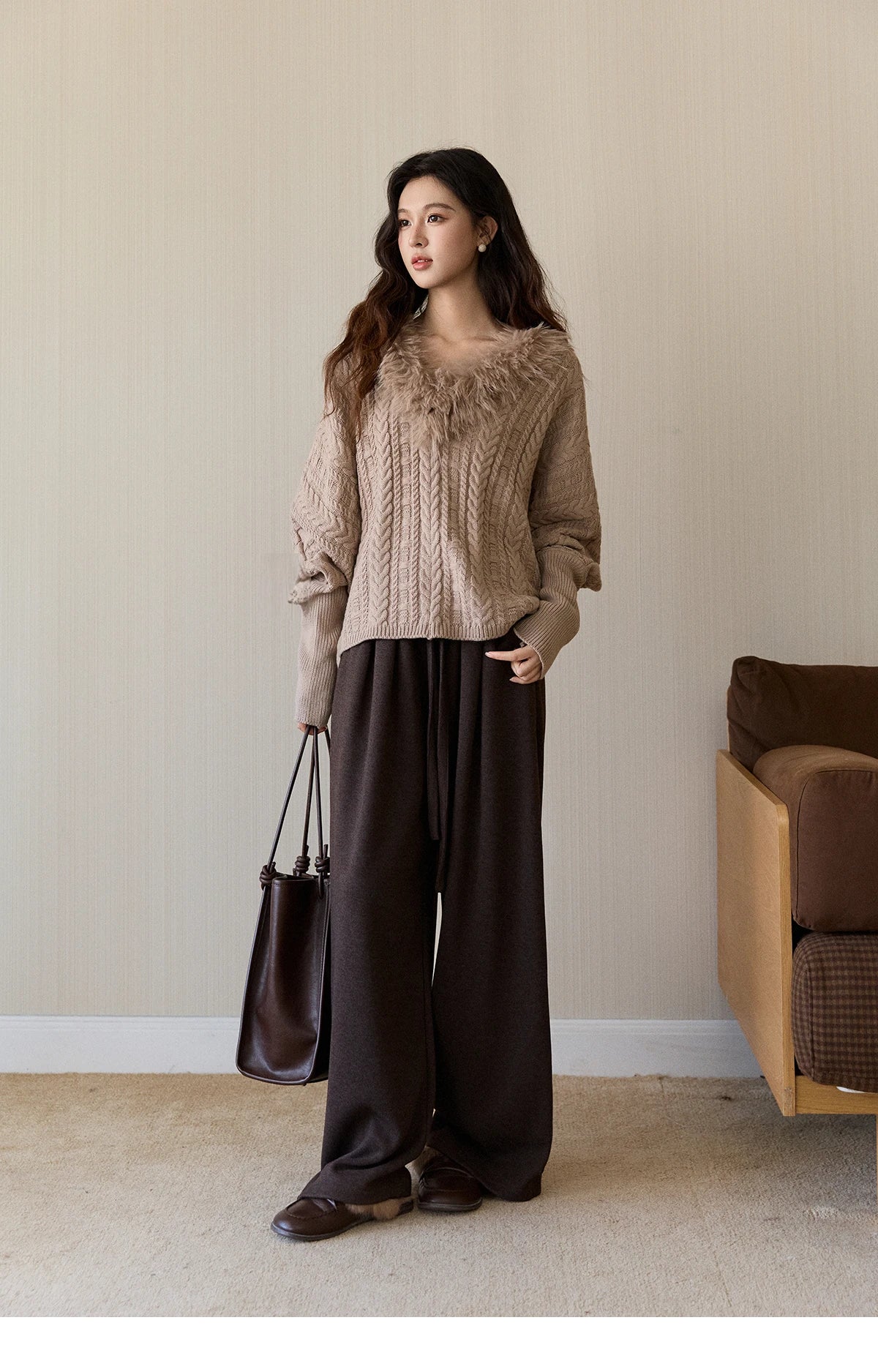 Mishow Faux Fur Collar Batwing Cable Knit Pullover MXE94Z2985