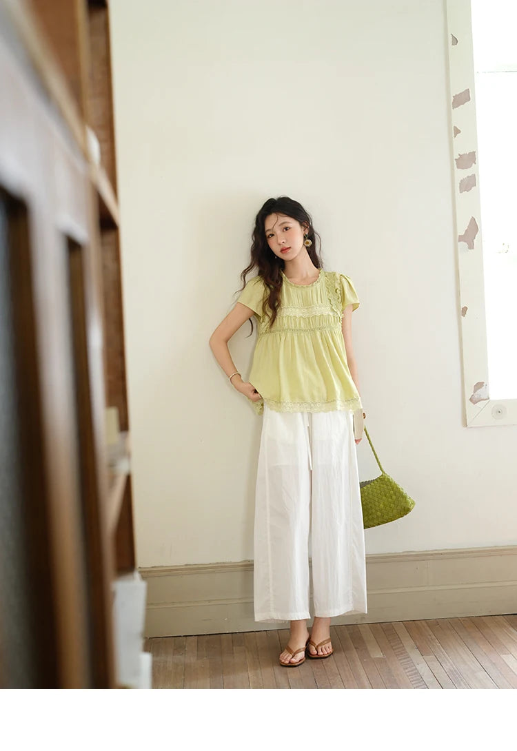 MISHOW Round Neck Blouse Mushroom Edge Lace Short Sleeve MXE39X1887