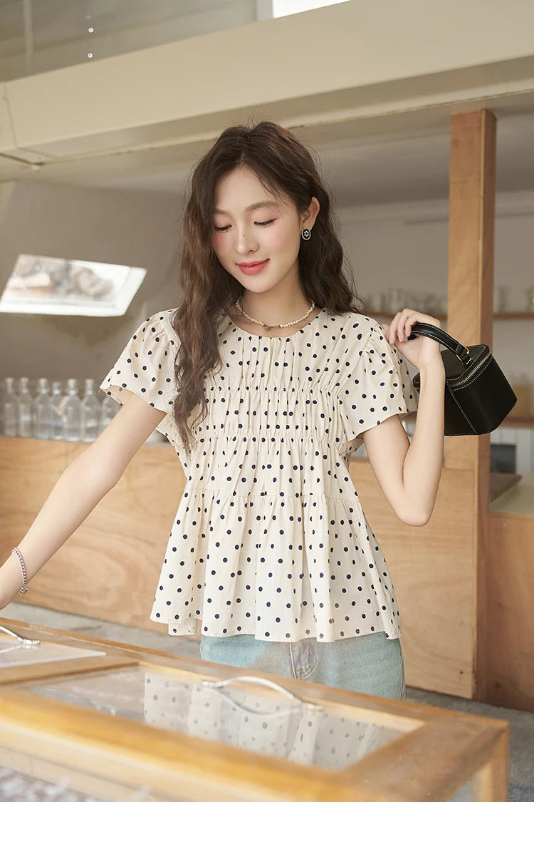 MISHOW Polka Dot Blouse Flying Sleeve O Neck Elastic Folds MXC39X1291