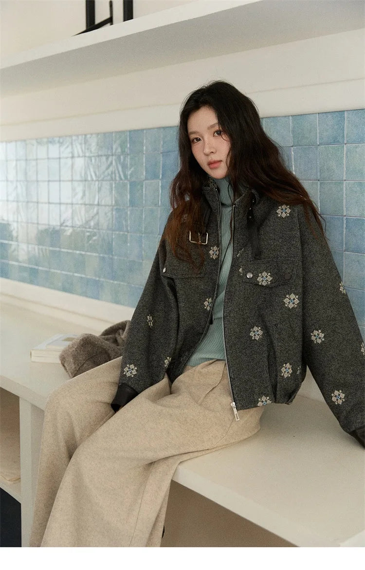 MISHOW Wool Blend Jacket Small Flower Embroidery Turtleneck Zipper MXE86W0906