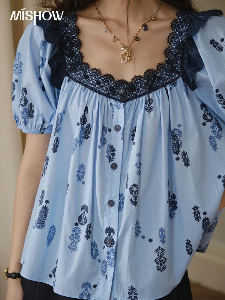 MISHOW Print Cotton Shirt Puff Sleeve Lace Splicing MXE35X1842