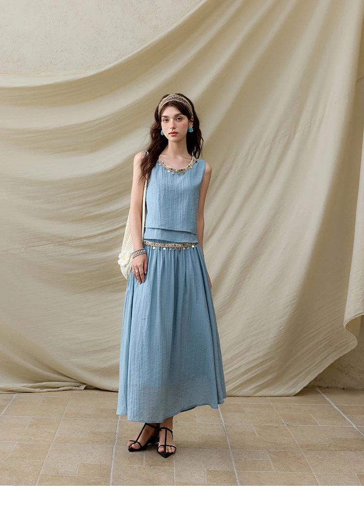 Mishow Sheel Ribbon Round Neck Top & High Waist Skirt Set MXE32T0556