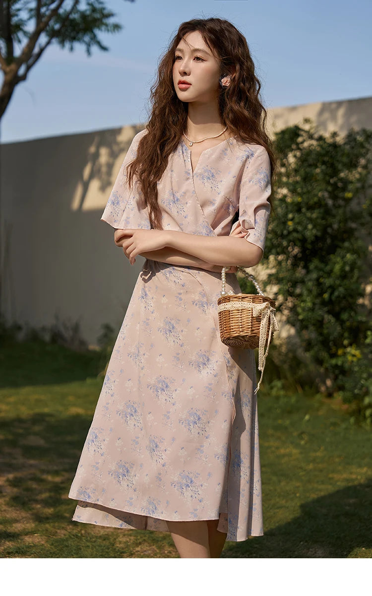 Mishow French Floral Puff Sleeve Lace-Up Dress MXC38L1413