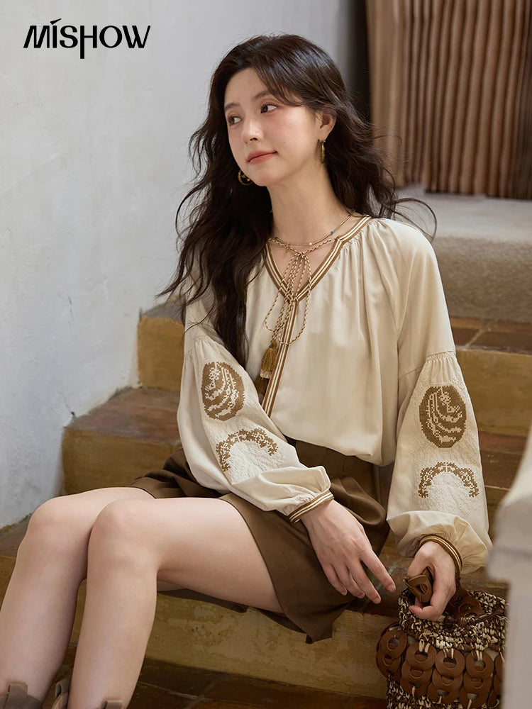 MISHOW Apricot Embroidered Blouse Tassels Lantern Sleeves MXE41X1940