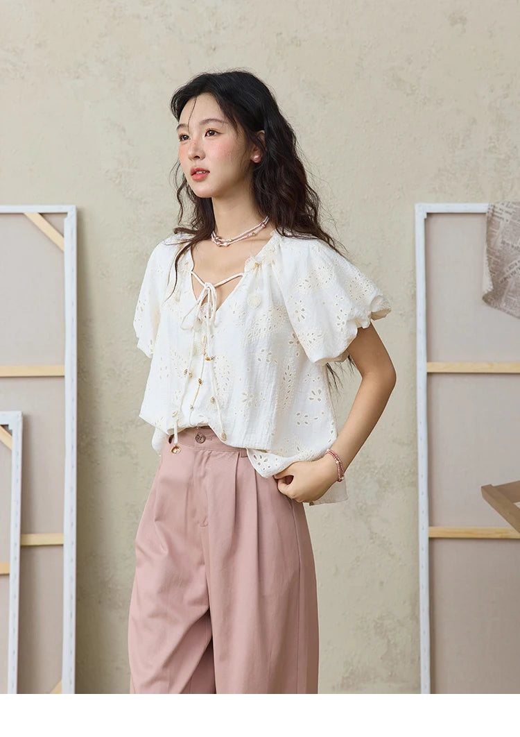 MISHOW Hem Lace Hollow Out Wide Leg Pants High Waist Pink MXE31K0900