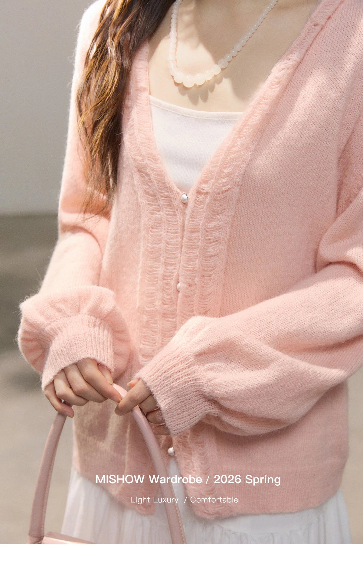 Mishow Pink Ruffled Pearl Button V-Neck Cardigan MXF108Z1028