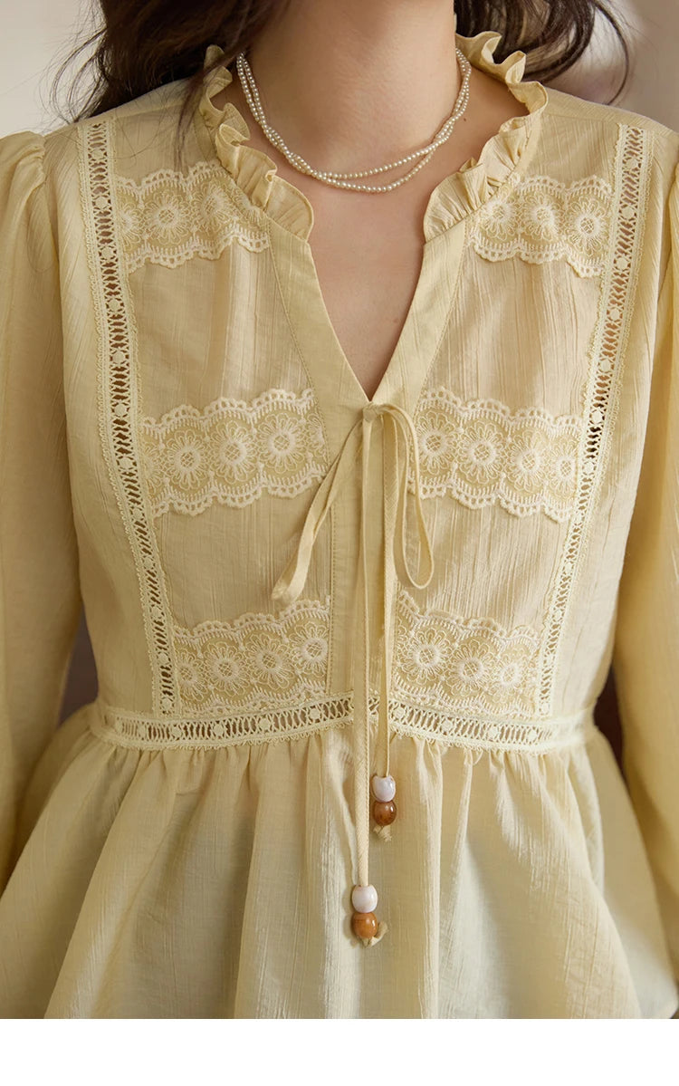 MISHOW French V-Neck Blouse Lace Patchwork Lantern Sleeve MXE41X1925
