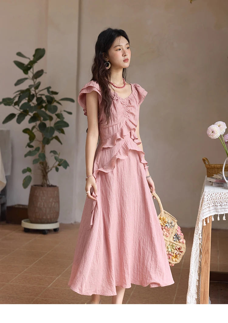 Mishow Flower Flying Sleeve V-Neck Pink Dress MXE34L2243