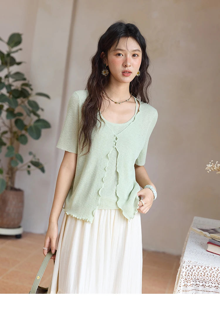 Mishow Mint Green Fake Two-Piece Short Sleeve Cardigan MXE36Z1286