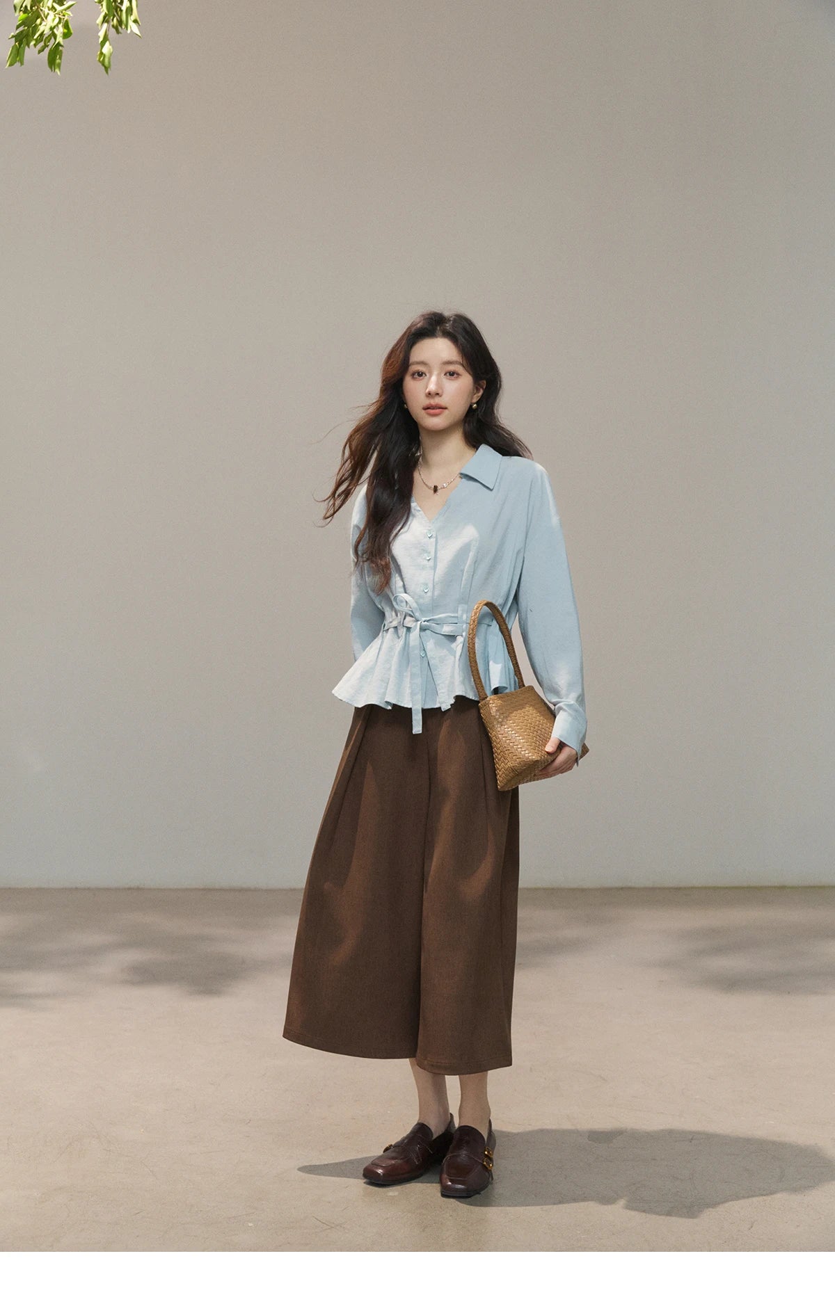 MISHOW Light Blue Lyocell Shirt V-Neck Belted Waist MXF13C2437