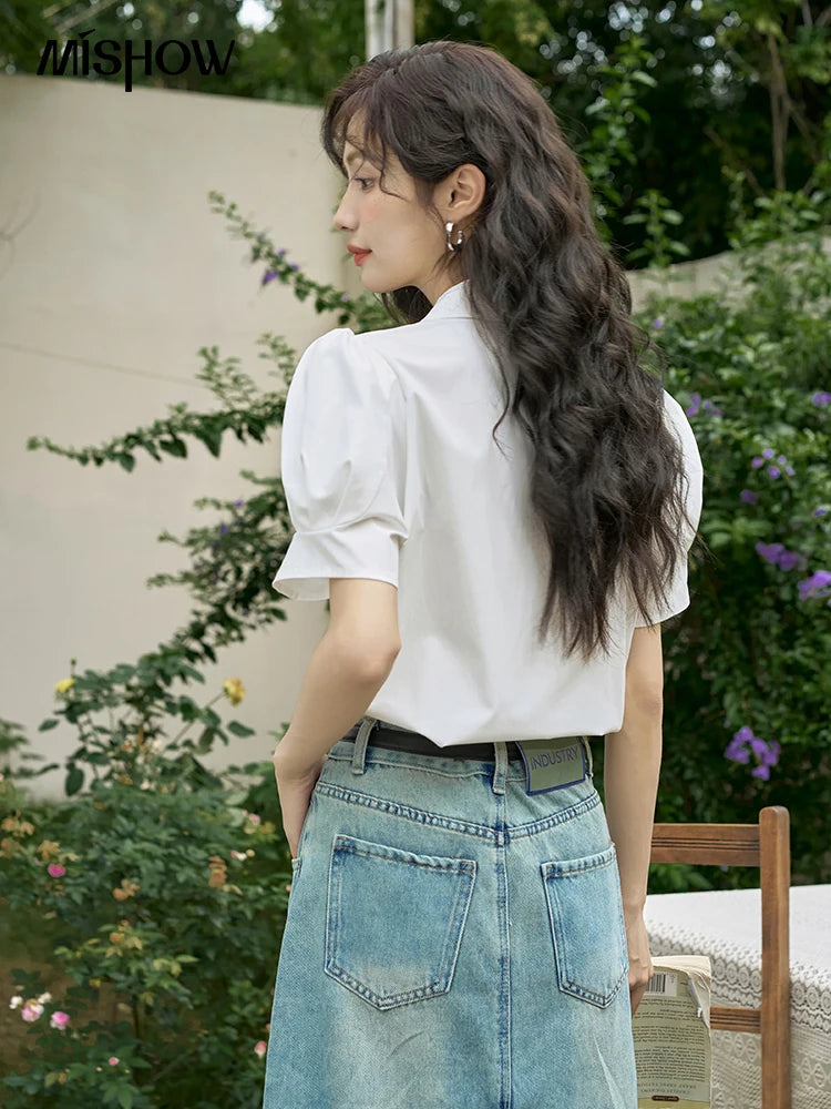 MISHOW Bubble Sleeve V-Neck Shirt Lapel Collar Loose MXD28X1471