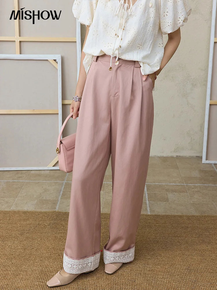 MISHOW Hem Lace Hollow Out Wide Leg Pants High Waist Pink MXE31K0900
