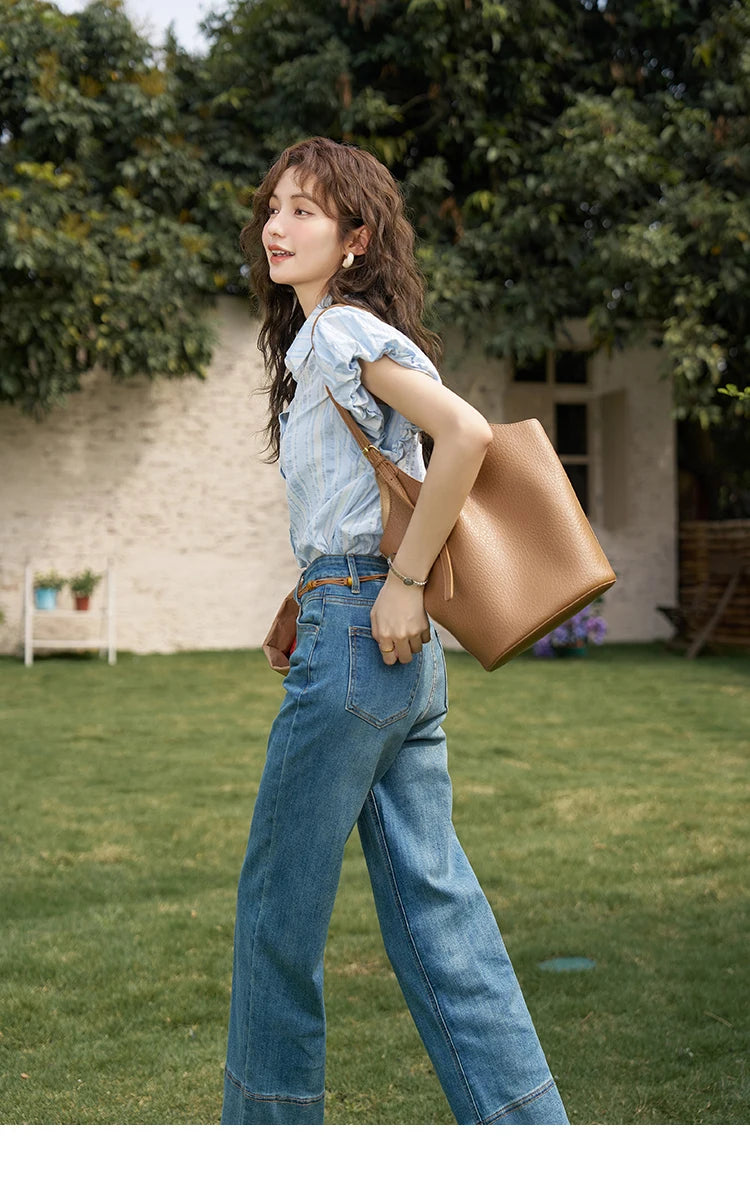 MISHOW Blue Striped Shirt Bubble Sleeves with Tube Top MXD24C0204