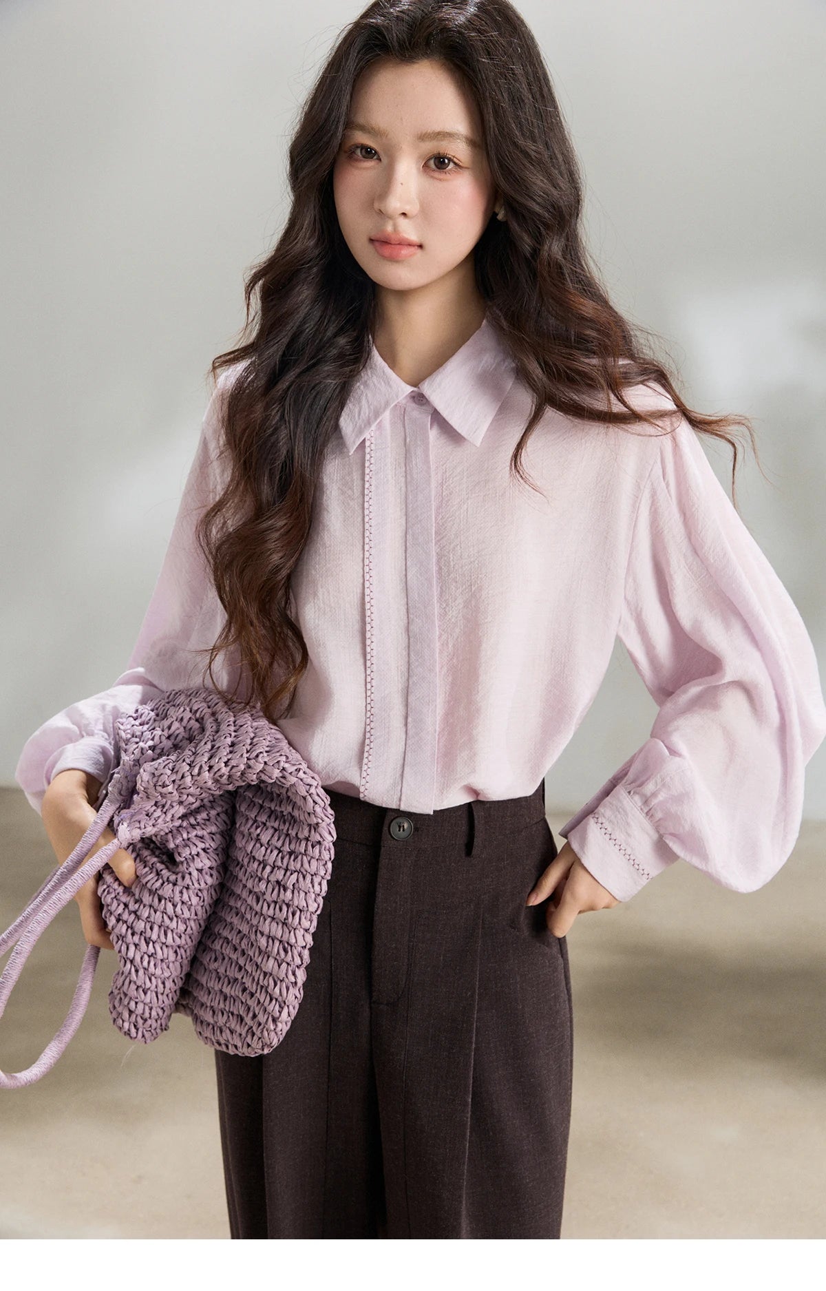 MISHOW Lapel Lantern Sleeve Shirt Lace Trim Loose MXF13C2436