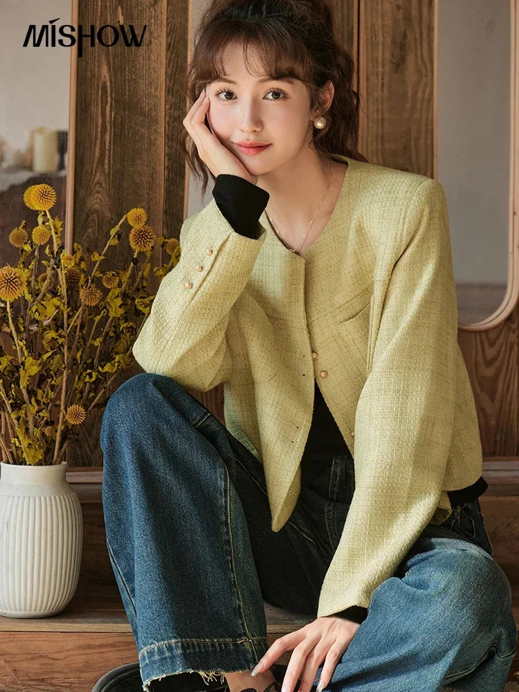 Mishow Retro Round Neck Gold Button Jacket MXC44W0072