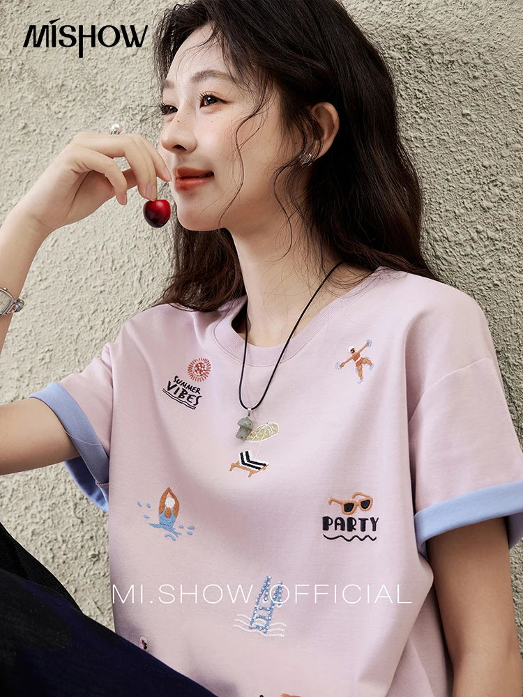Mishow Embroidered Cartoon Round Neck Tee MXE16T0506