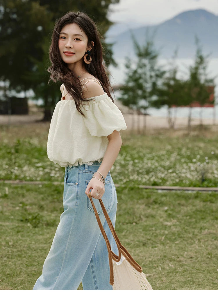 MISHOW French Camisole Shirt Off-Shoulder Lace Puff Sleeve MXE33X1755