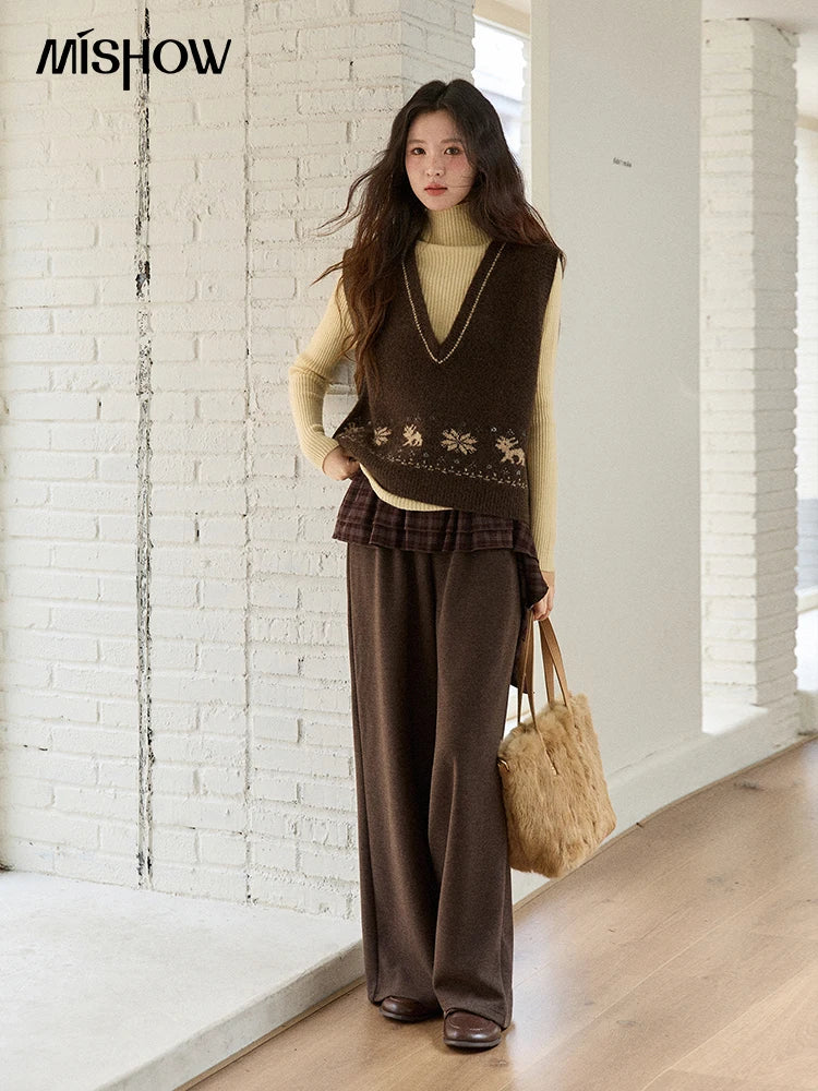 Mishow Retro Brown Jacquard V-Neck Sweater Vest MXE86Z2659