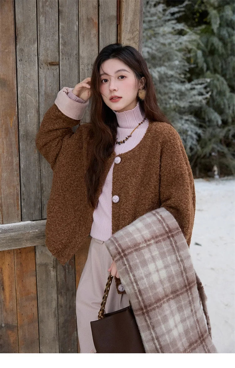 MISHOW Brown Wool Quilted Coat Round Neck Short Loose MXE87W0935