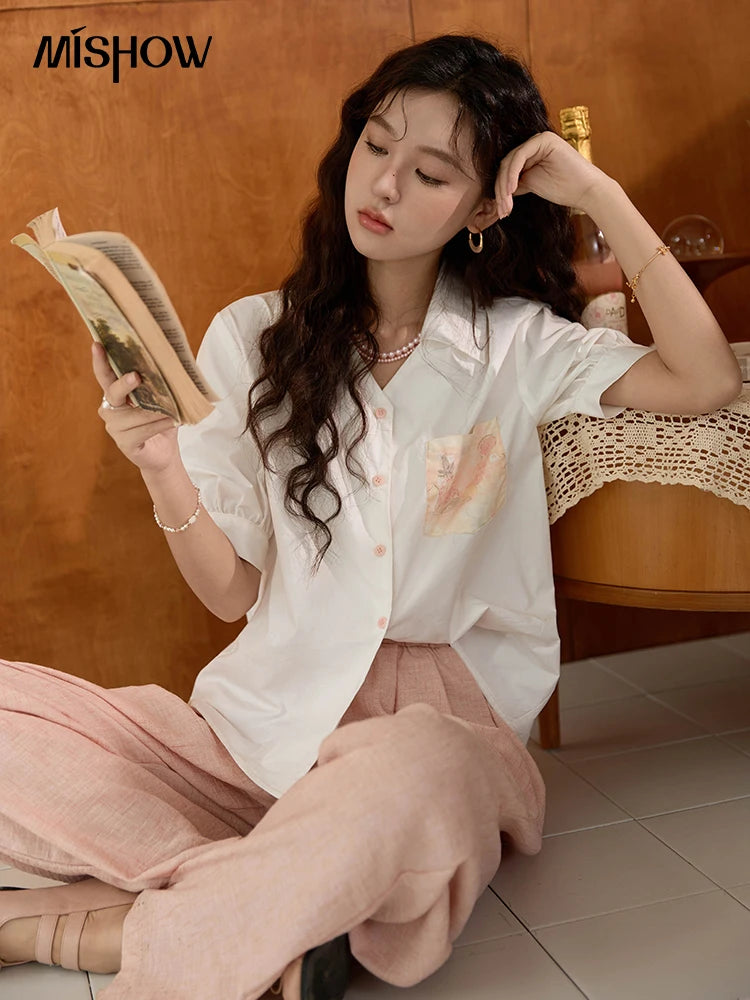 MISHOW Cotton Short Sleeve Shirt Embroidered Pocket Puff Sleeve MXD26C0243