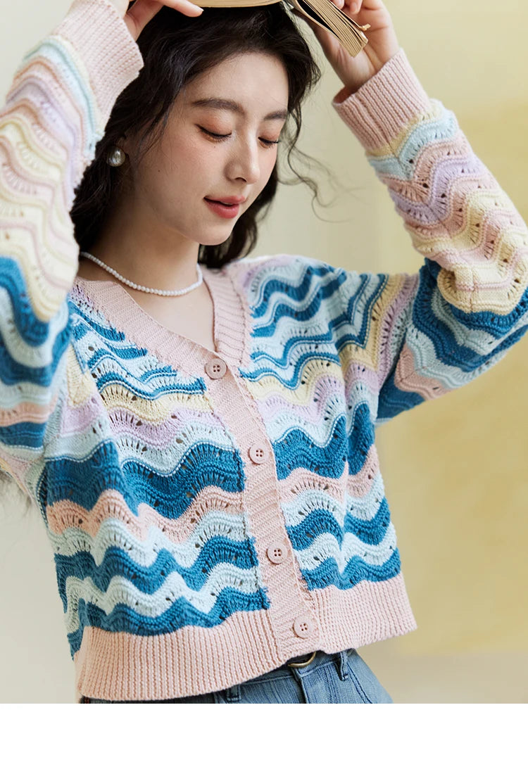 Mishow Color Stripe V-Neck Loose Cardigan MXE16Z1203