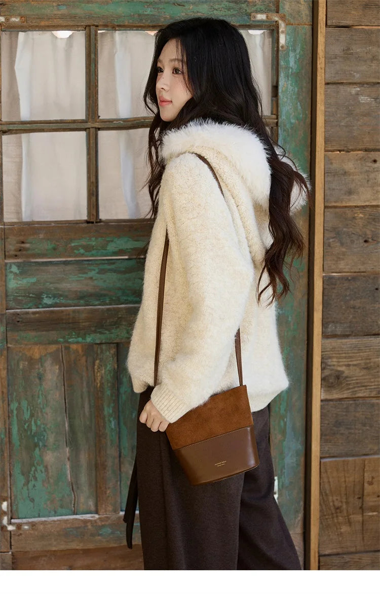Mishow Beige Fur Hood Zipper Cardigan MXE94Z2963