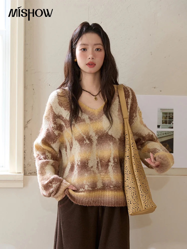 Mishow Yellow Coffee Gradient V-Neck Cable Knit Sweater MXE51Z2627