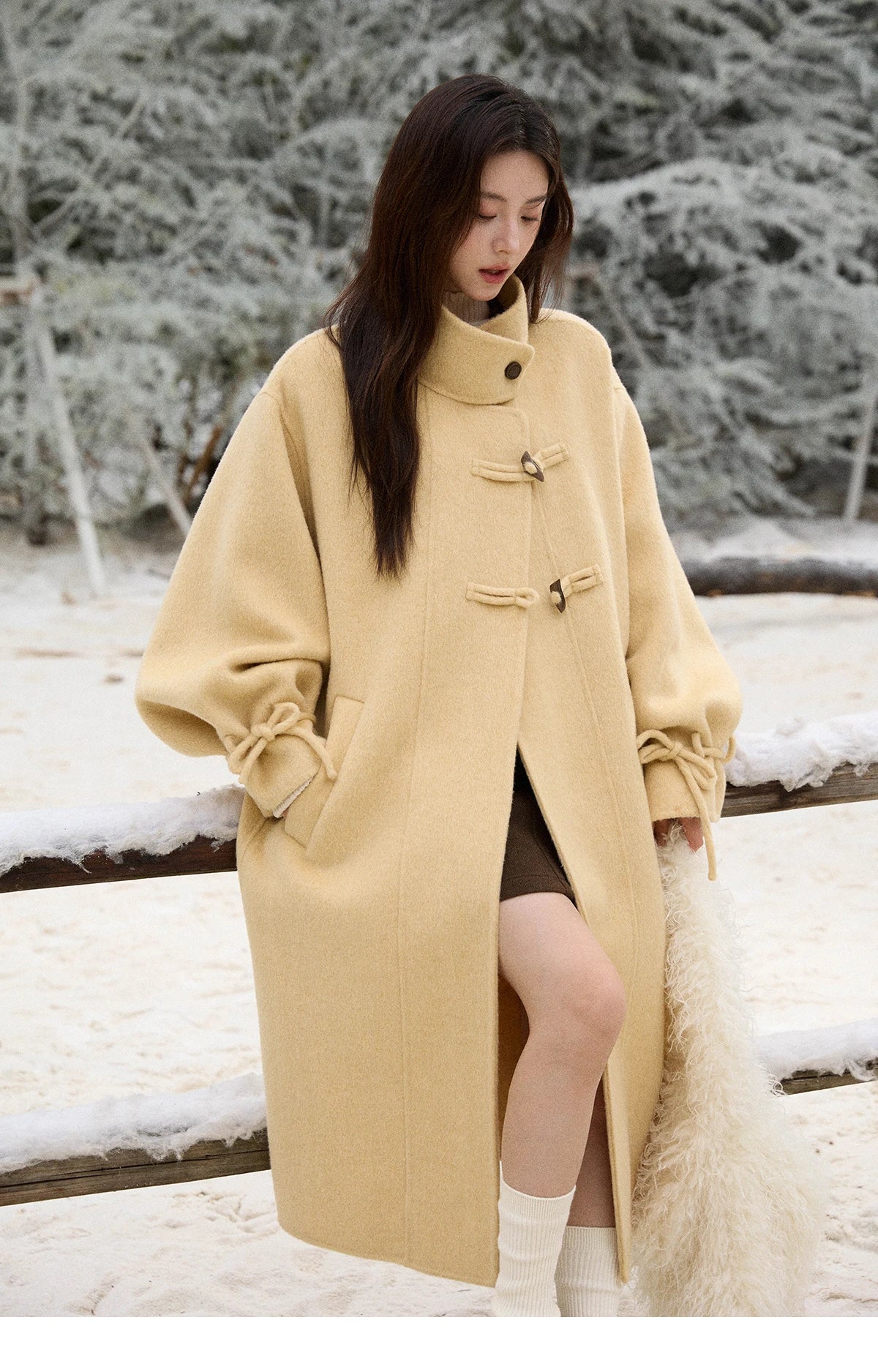 Mishow Yellow 100% Wool Double-Faced Turtleneck Coat MXE51W0902