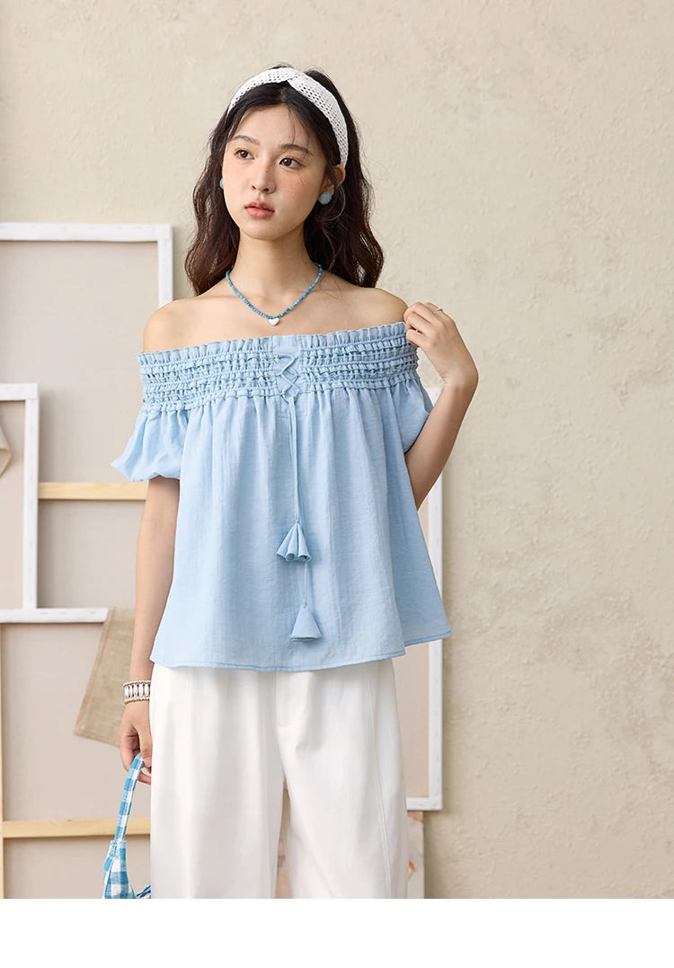 MISHOW Mist Blue One Shoulder Blouse Elastic Pleated Puff Sleeve MXE34X1796