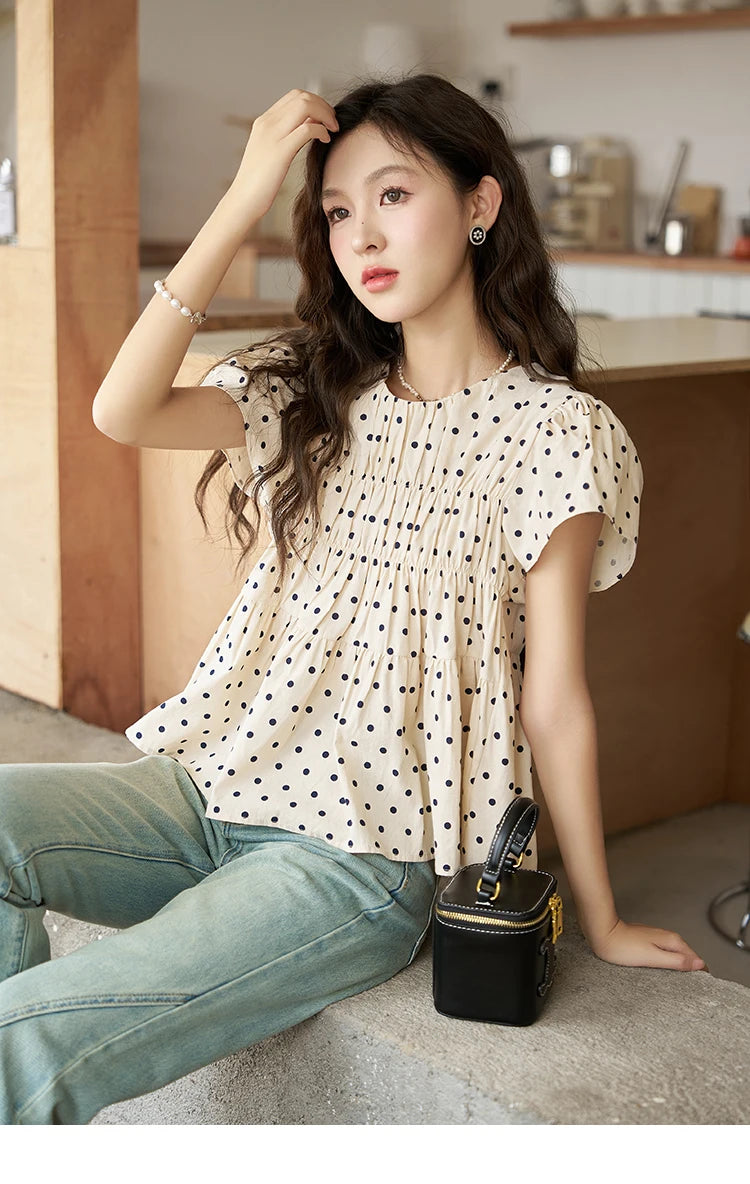 MISHOW Polka Dot Blouse Flying Sleeve O Neck Elastic Folds MXC39X1291
