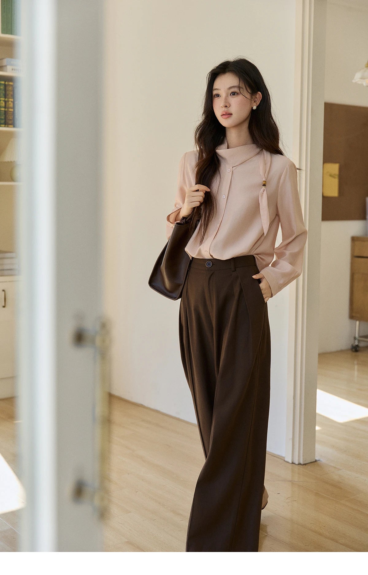 MISHOW Nude Pink Ribbon Stand Neck Shirt Button-Down MXE11X2547