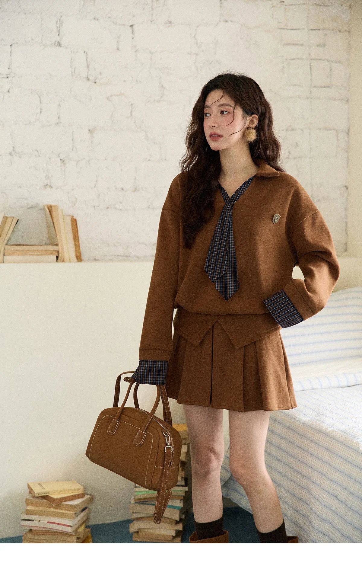 Mishow College Style Fake 2-Piece Sweatshirt & Pleated Skirt Set MXE86T1447