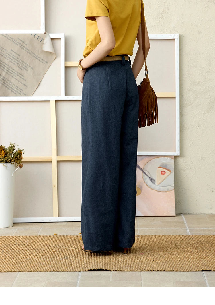 MISHOW Dark Blue High Waist Wide-Leg Pants Slimming Straight MXE31K0902