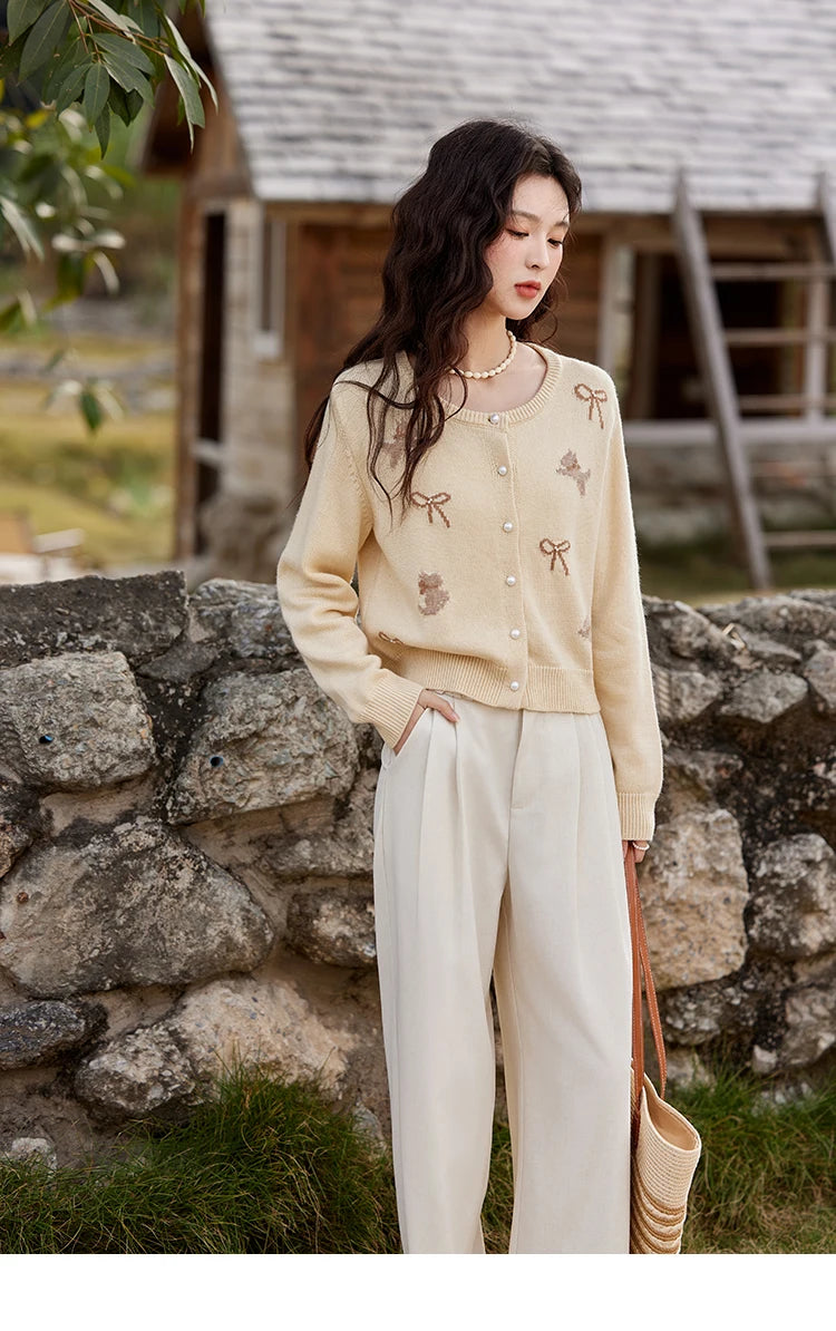 Mishow Yellow Dog Bow Jacquard Pearl Button Sweater MXE13Z1197